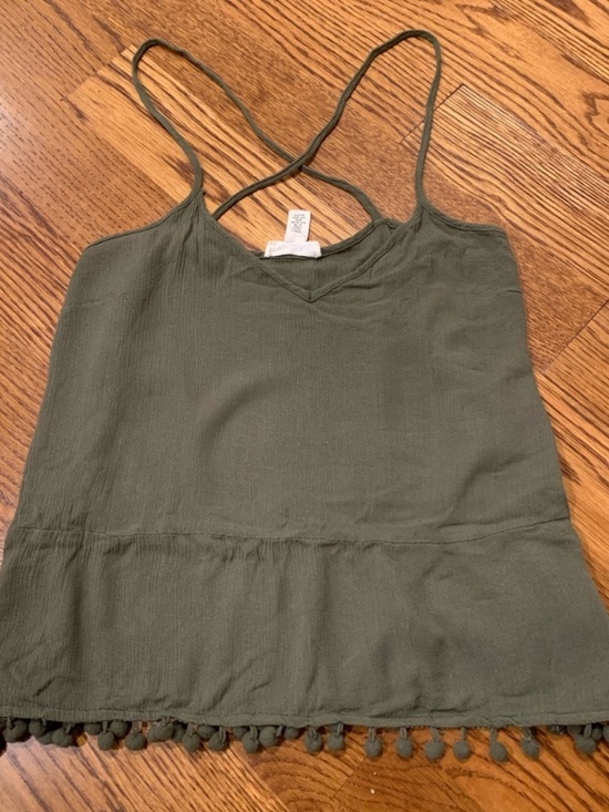 Tops - Olive Green Pom-Pom Hem Spaghetti Strap Top